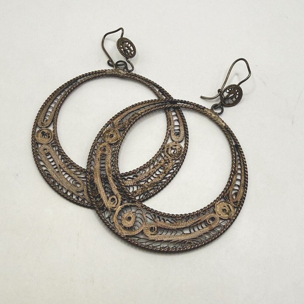 Vintage Silver Scroll Intricate Filigree Ornate Hoop Dangle Gypsy Boho Earrings